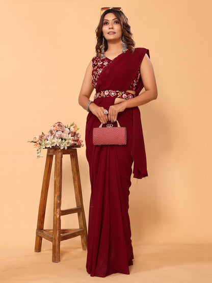 Maroon Floral Embroidered Georgette Festive Pre-Stitched Saree