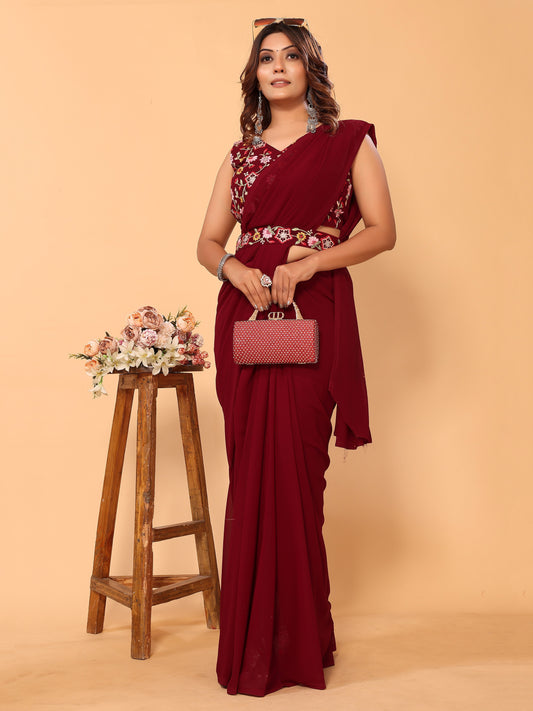 Maroon Floral Embroidered Georgette Festive Pre-Stitched Saree