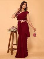 Maroon Floral Embroidered Georgette Festive Pre-Stitched Saree