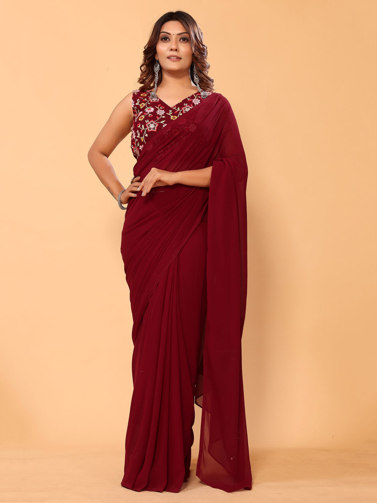 Maroon Floral Embroidered Georgette Festive Pre-Stitched Saree