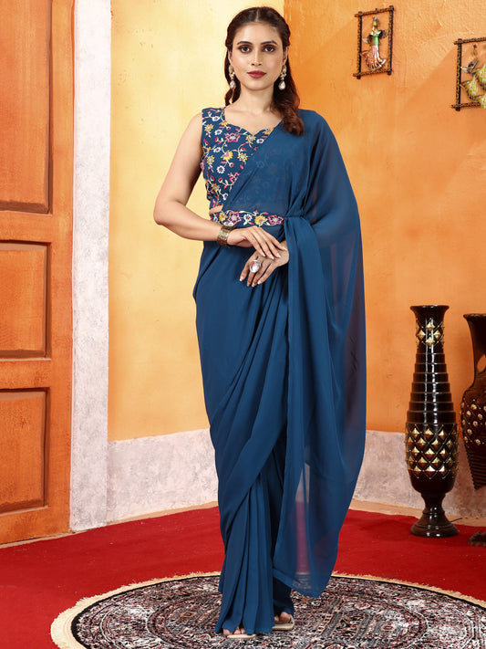 Peacock Blue Floral Embroidered Georgette Festive Pre-Stitched Saree