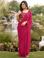 Rani Pink Floral Embroidered Georgette Festive Pre-Stitched Saree