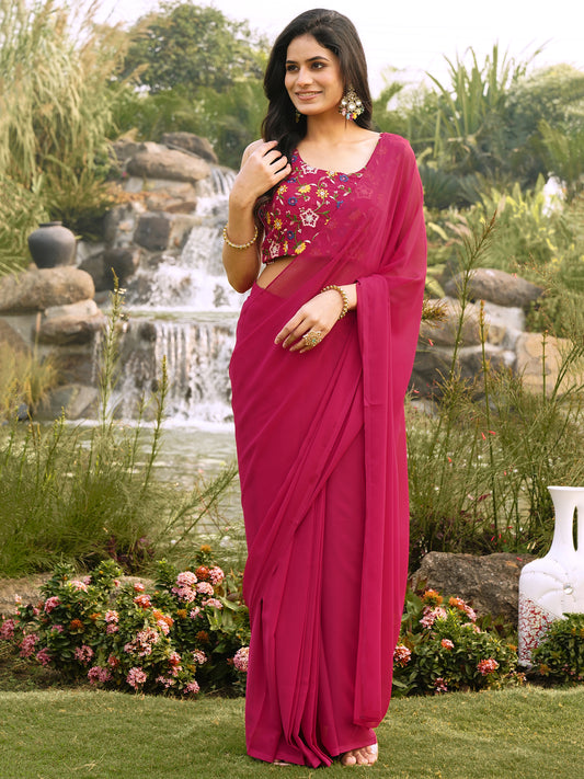 Rani Pink Floral Embroidered Georgette Festive Pre-Stitched Saree