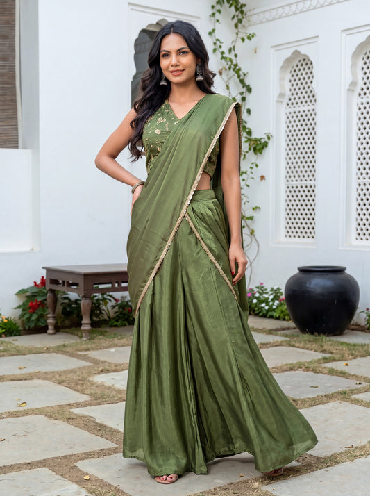 Olive Green Sequence Work Chinon Party Wear Pre-Stitched Sharara Saree