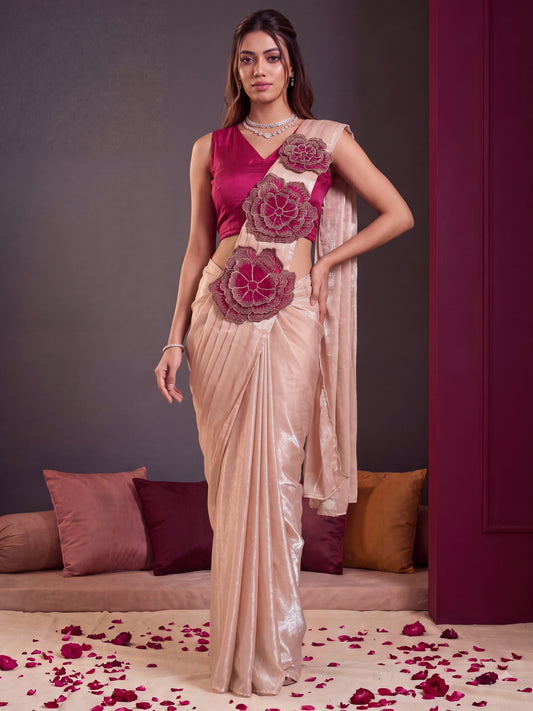 Cream 3D Floral Applique Fendy Silk Party Ready to Wear Saree