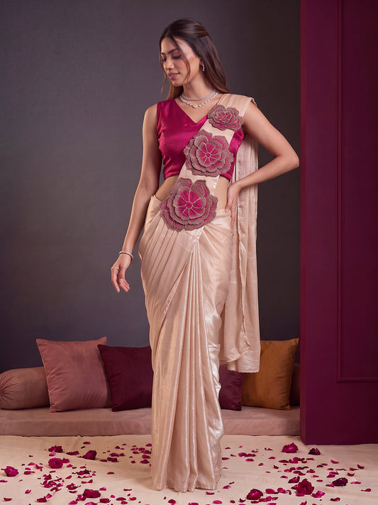 Cream 3D Floral Applique Fendy Silk Party Ready to Wear Saree