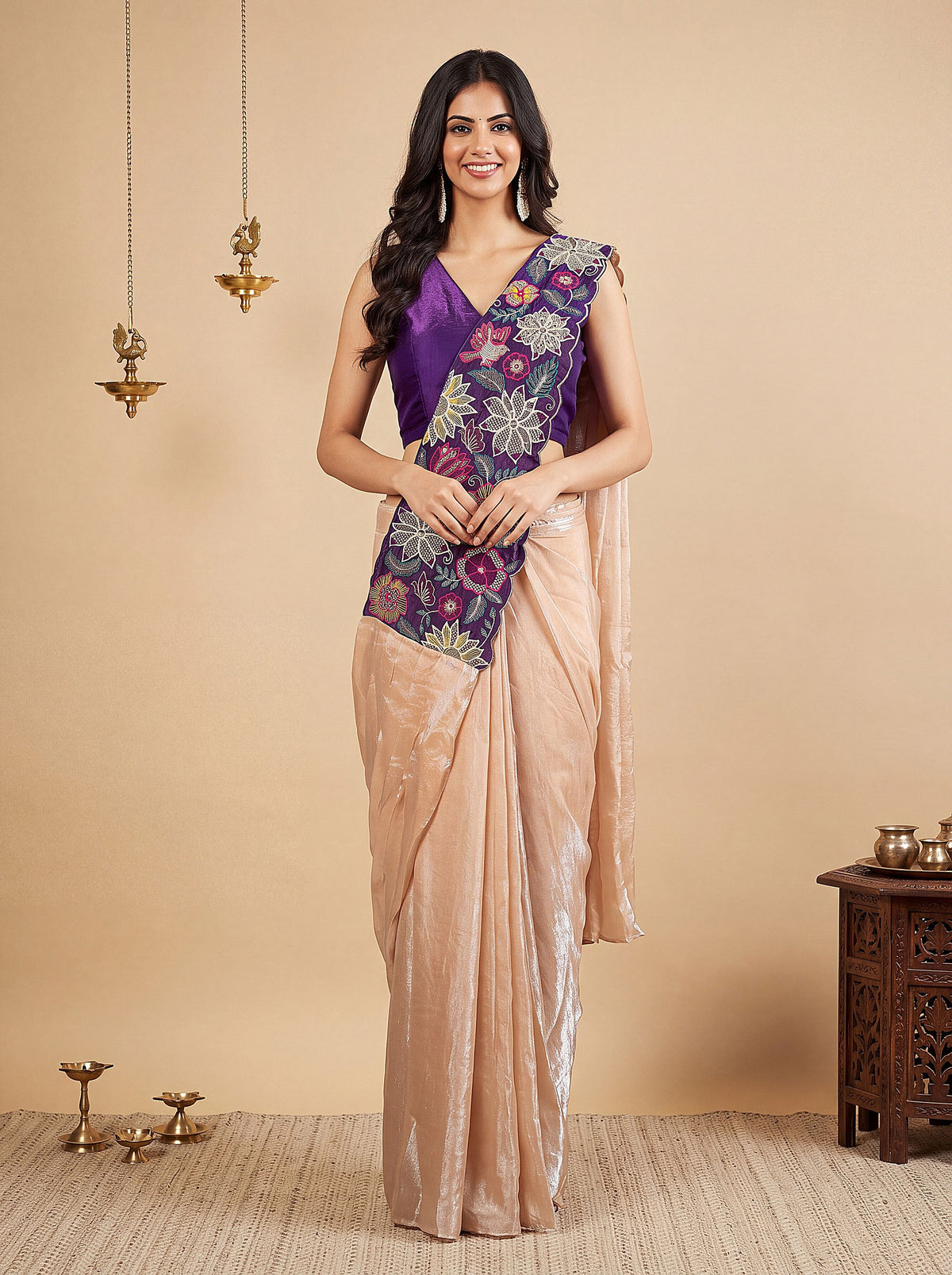 Cream Purple Embroidered Fancy Silk Party Wear Pre-Draped Saree