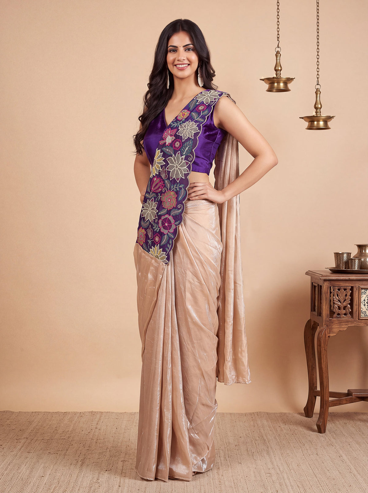 Cream Purple Embroidered Fancy Silk Party Wear Pre-Draped Saree