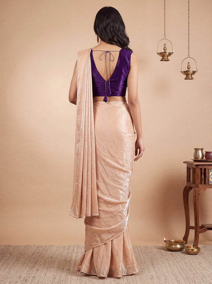 Cream Purple Embroidered Fancy Silk Party Wear Pre-Draped Saree