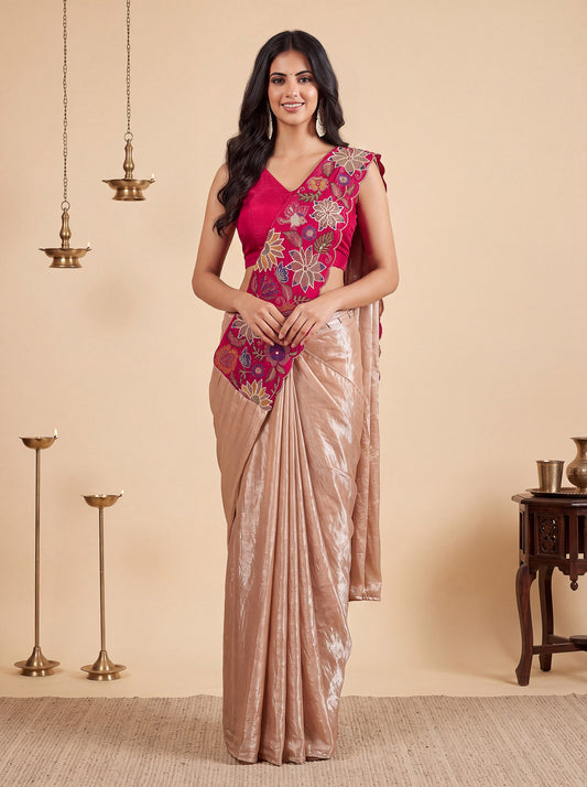 Cream Rani Embroidered Fancy Silk Party Wear Pre-Draped Saree