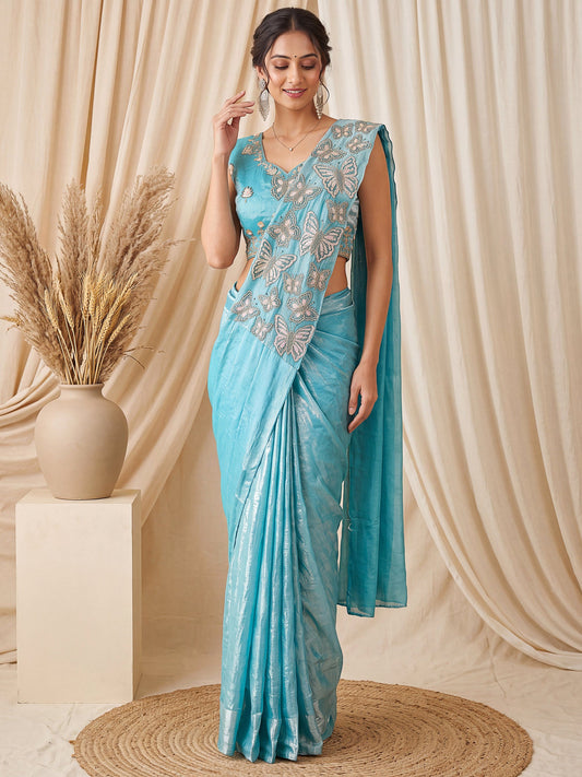 Firozi Butterfly Sequin Embroidered Satin Party Ready to Wear Saree