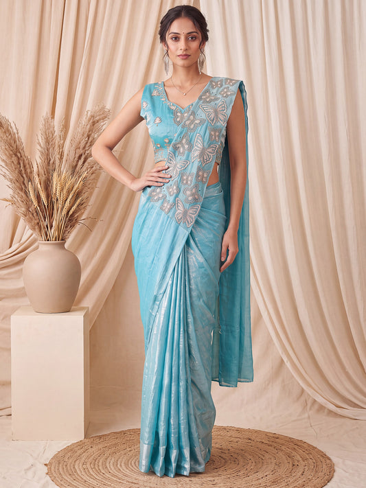 Firozi Butterfly Sequin Embroidered Satin Party Ready to Wear Saree
