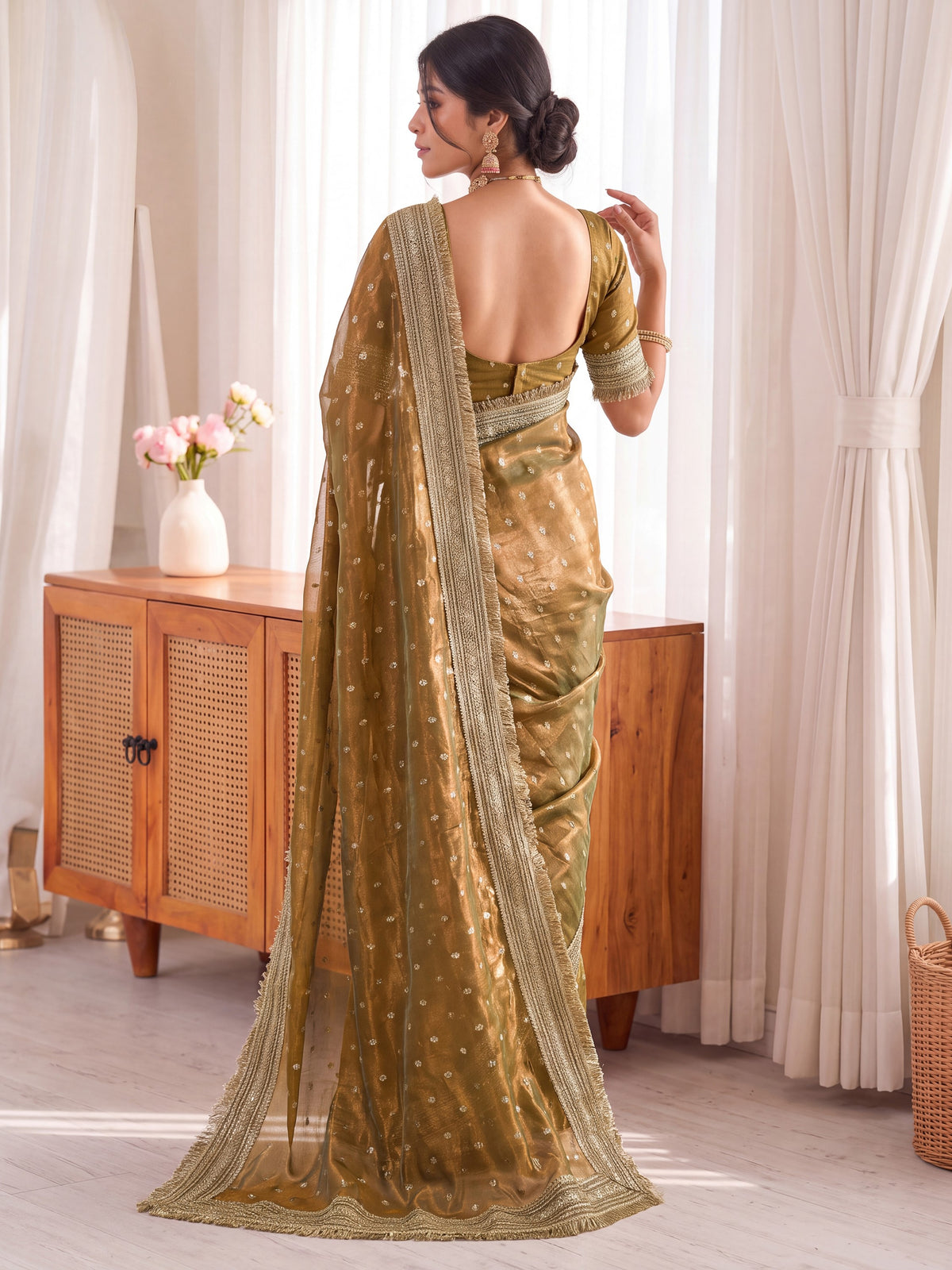 Golden Jacquard Butti Moss Satin Festive Wear Traditional Saree