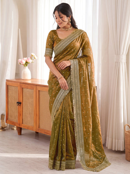 Golden Jacquard Butti Moss Satin Festive Wear Traditional Saree