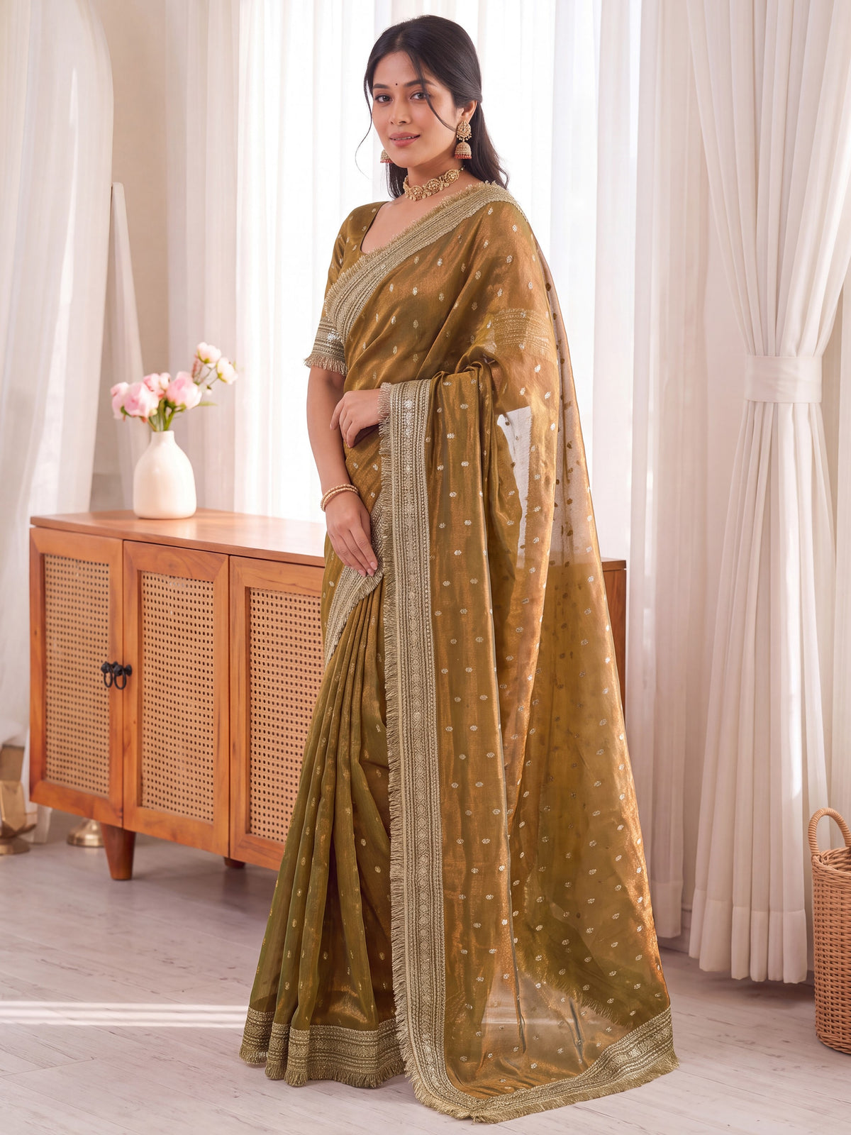 Golden Jacquard Butti Moss Satin Festive Wear Traditional Saree