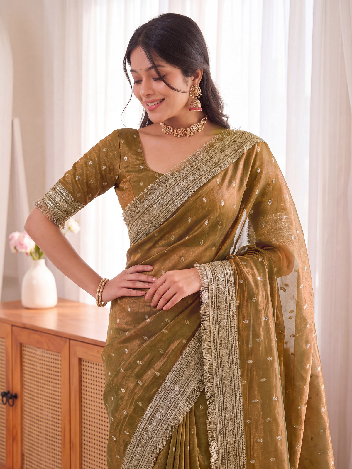 Golden Jacquard Butti Moss Satin Festive Wear Traditional Saree