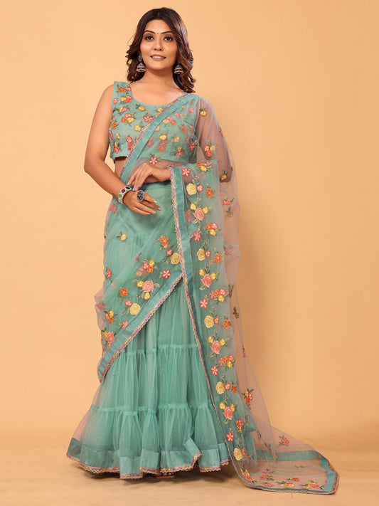 Firozi Floral Embroidered Net Ready to Wear Ruffle Lehenga Saree