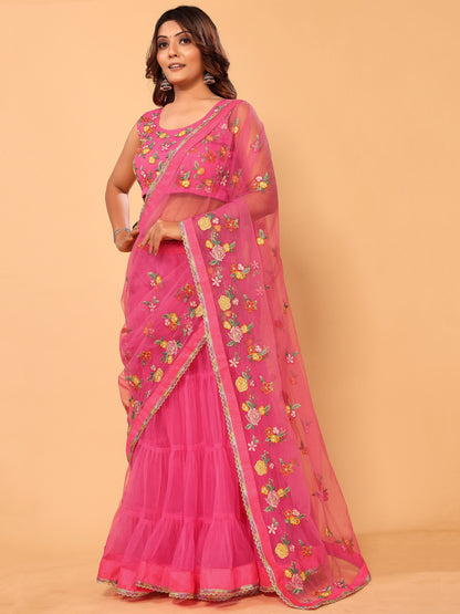 Gajri Floral Embroidered Net Festive Ready to Wear Lehenga Saree