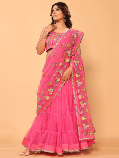 Gajri Floral Embroidered Net Festive Ready to Wear Lehenga Saree