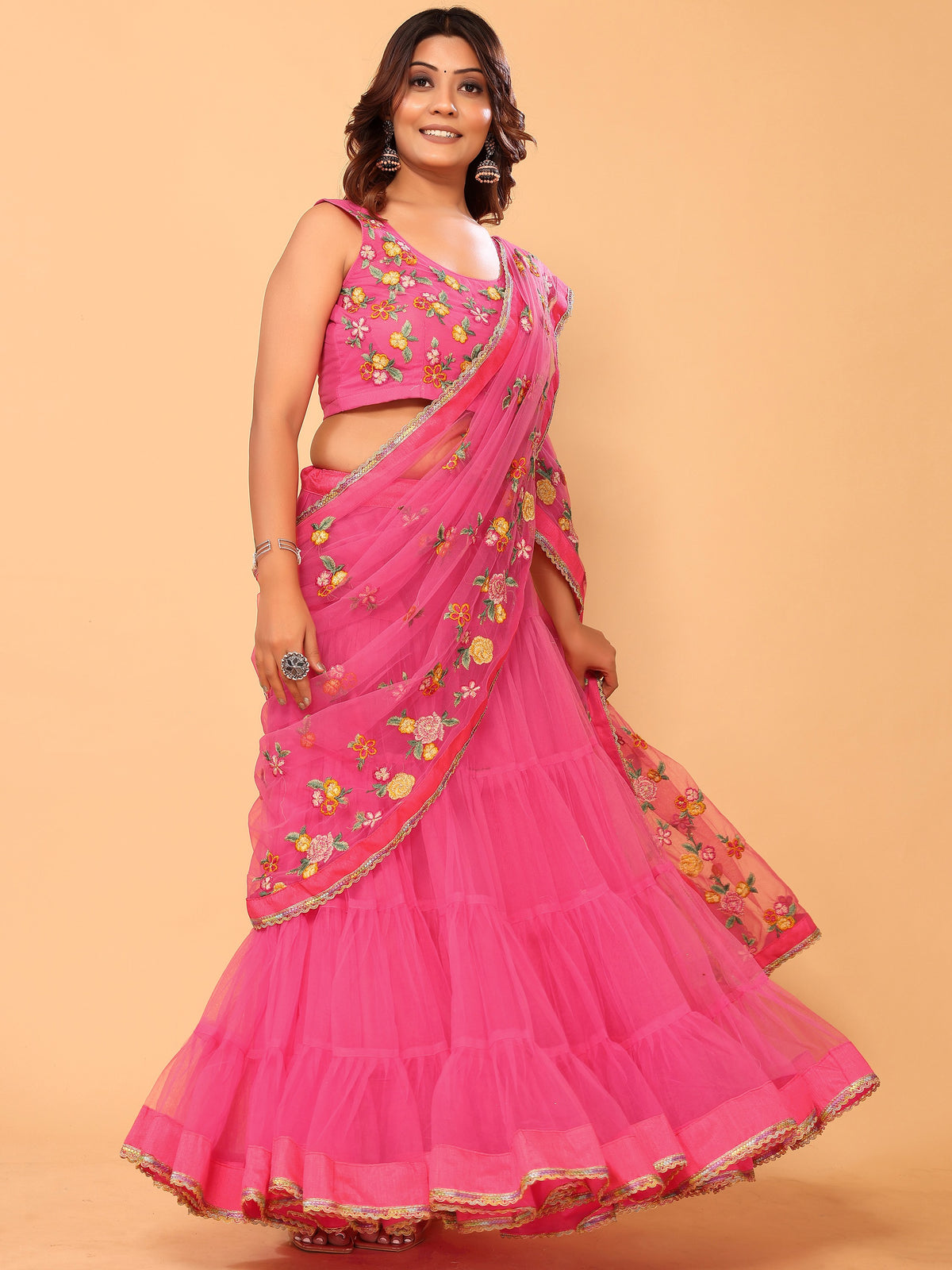 Gajri Floral Embroidered Net Festive Ready to Wear Lehenga Saree