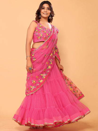 Gajri Floral Embroidered Net Festive Ready to Wear Lehenga Saree