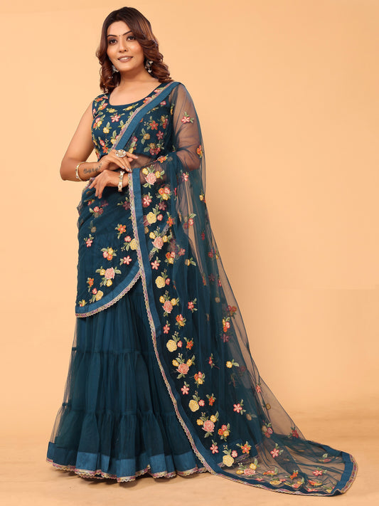Morpich Floral Embroidered Net Festive Ready to Wear Lehenga Saree