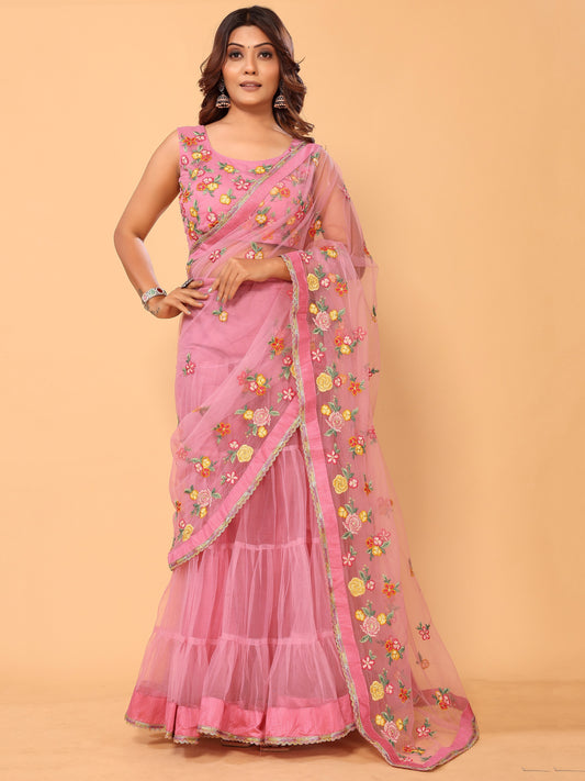 Pink Floral Embroidered Net Festive Ready to Wear Lehenga Saree