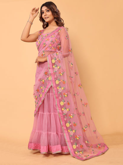 Pink Floral Embroidered Net Festive Ready to Wear Lehenga Saree