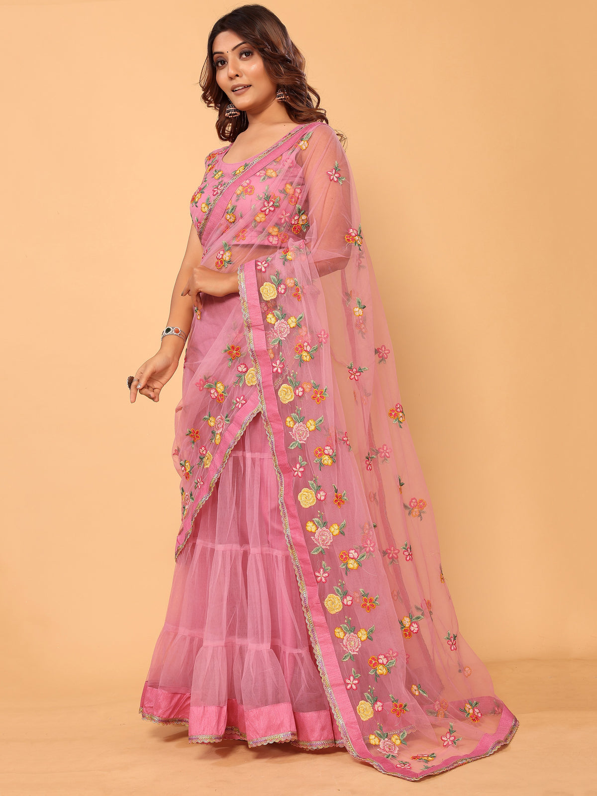 Pink Floral Embroidered Net Festive Ready to Wear Lehenga Saree