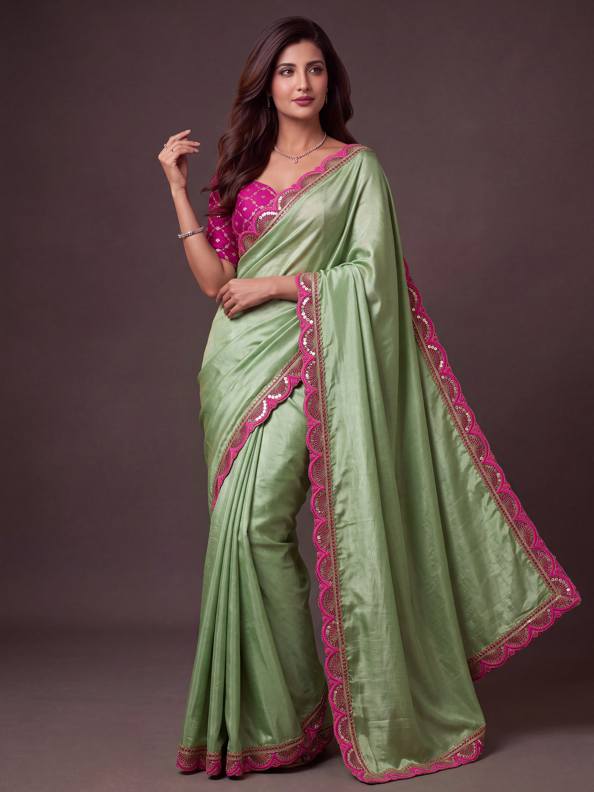 Green Sequin Thread Work Chinon Festive Saree with Blouse