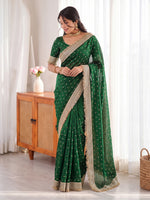Emerald Green Golden Butti Moss Satin Festive Traditional Saree