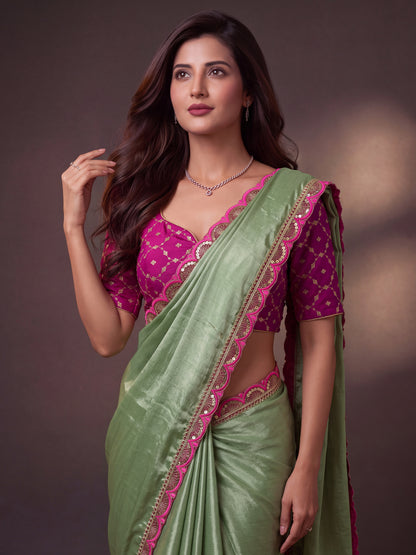 Green Sequin Thread Work Chinon Festive Saree with Blouse