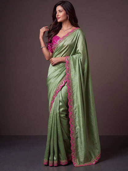 Green Sequin Thread Work Chinon Festive Saree with Blouse