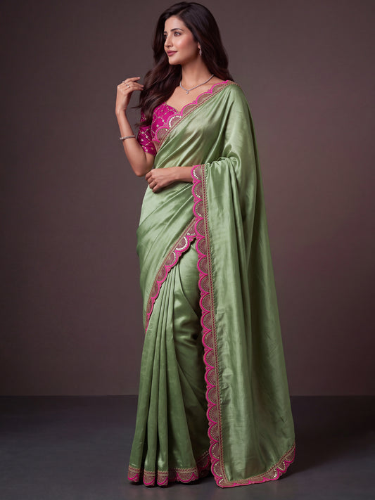 Green Sequin Thread Work Chinon Festive Saree with Blouse