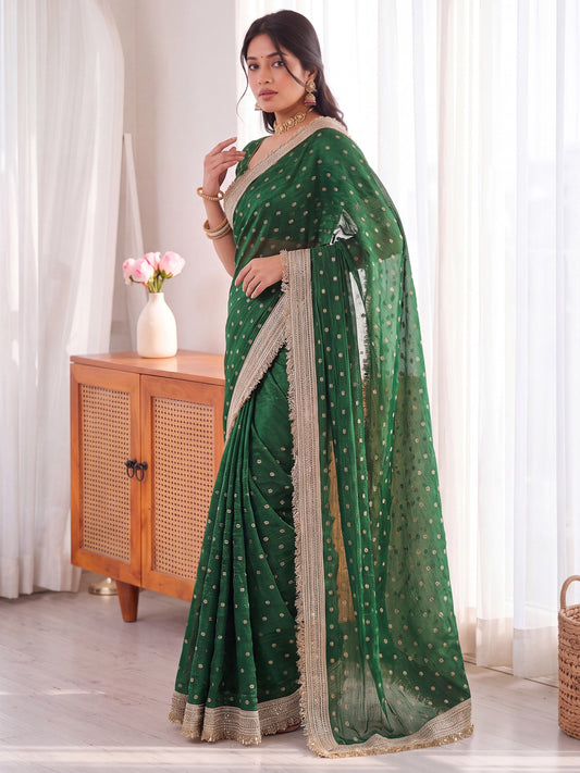 Emerald Green Golden Butti Moss Satin Festive Traditional Saree