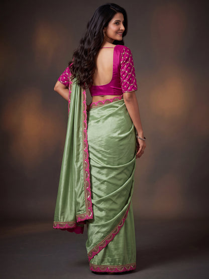 Green Sequin Thread Work Chinon Festive Saree with Blouse