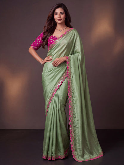 Green Sequin Thread Work Chinon Festive Saree with Blouse