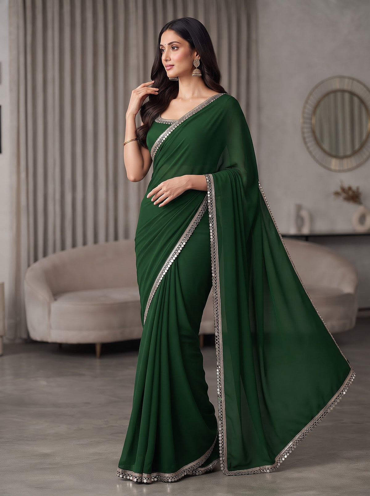 Emerald Green Mirror Work Georgette Festive Party Wear Saree