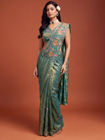 Rama Green Floral Embroidered NC Satin Party Ready to Wear Saree