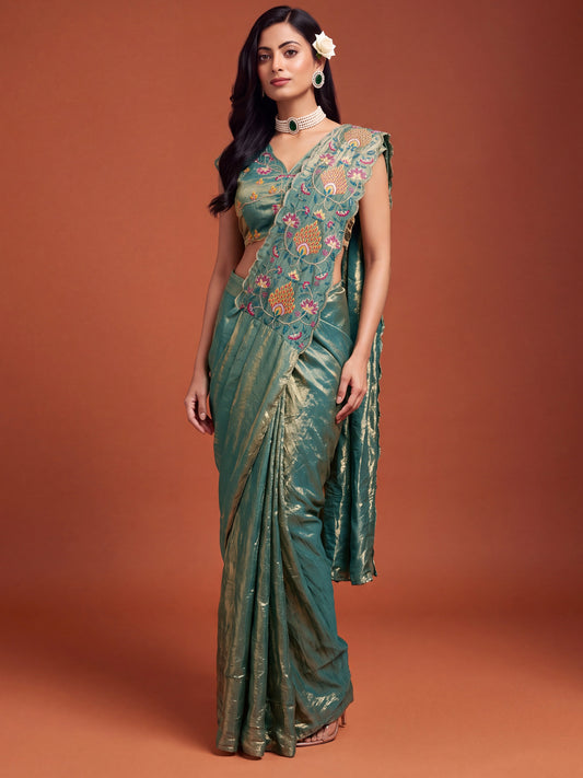 Rama Green Floral Embroidered NC Satin Party Ready to Wear Saree