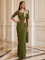 Olive Green Embroidered Georgette Festive Ready to Wear Saree