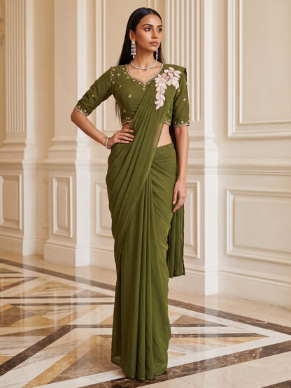 Olive Green Embroidered Georgette Festive Ready to Wear Saree