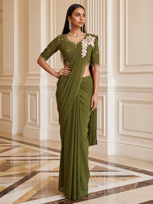 Olive Green Embroidered Georgette Festive Ready to Wear Saree