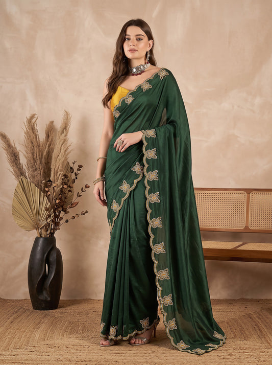 Bottle Green Butterfly Embroidered Chinon Wedding Party Wear Saree