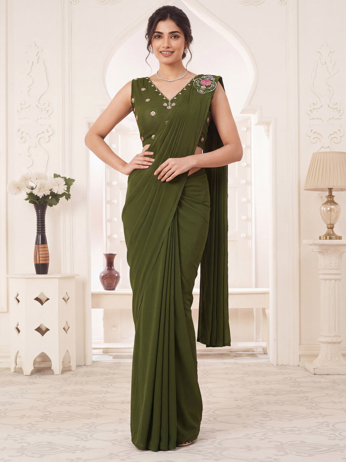 Green Embroidered Georgette Party Ready to Wear Pre-Stitched Saree