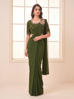 Olive Green Embroidered Georgette Party Ready to Wear Saree