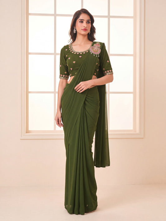Olive Green Embroidered Georgette Party Ready to Wear Saree