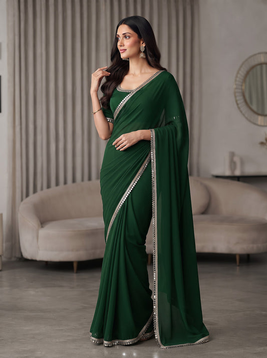 Emerald Green Mirror Work Georgette Festive Party Wear Saree
