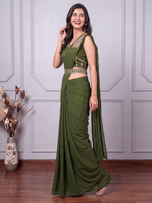 Olive Green Sequin Embroidered Georgette Party Ready to Wear Saree