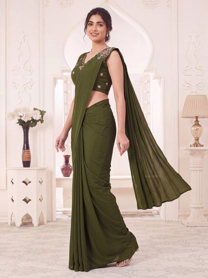 Green Embroidered Georgette Party Ready to Wear Pre-Stitched Saree